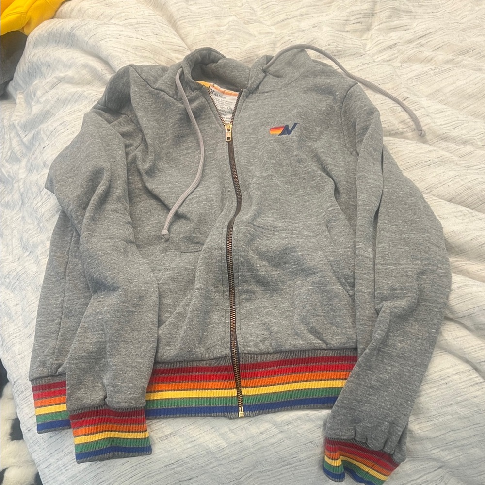Aviator Nation Gray Rainbow Stripe Zip-Up Hoodie